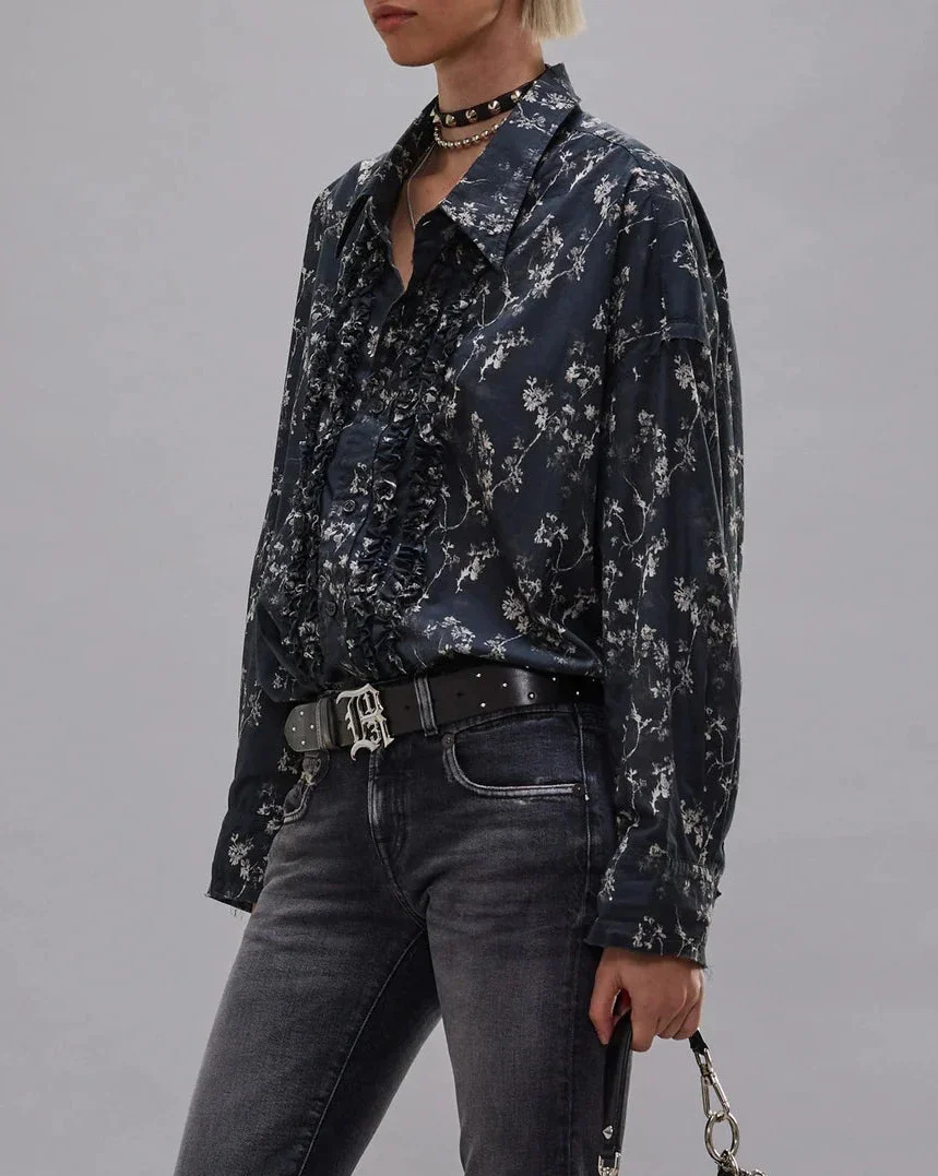 Shredded Seam Ruffle Shirt | Floral on Black - Image 3