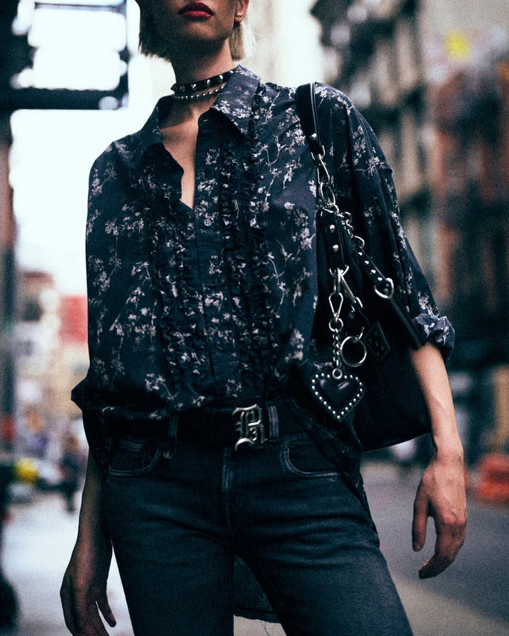 Shredded Seam Ruffle Shirt | Floral on Black - Image 4