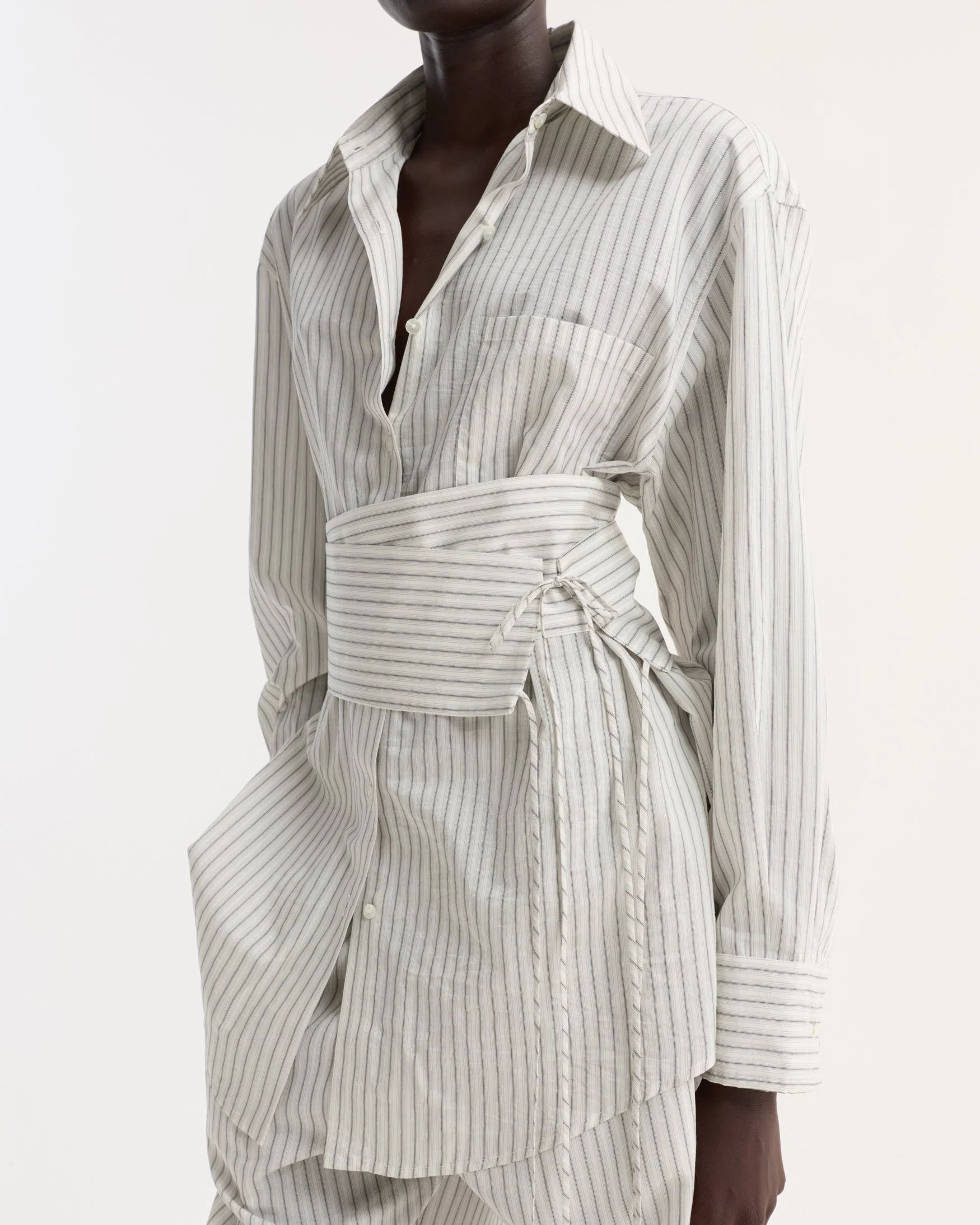 Silk Stripe Belted Shirt | Fine Stripe - Image 6
