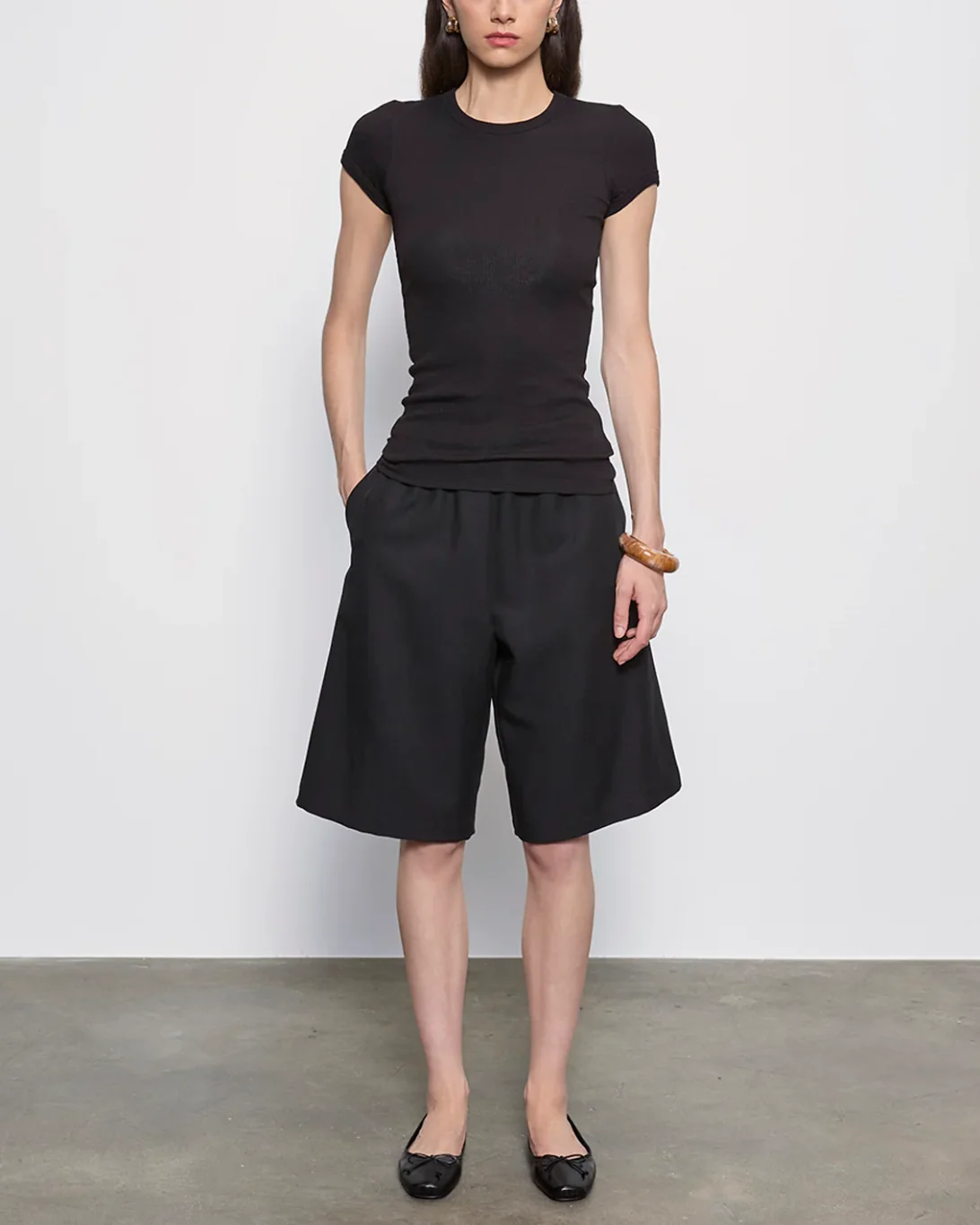 Textured Rib Cap Sleeve Crew | Black