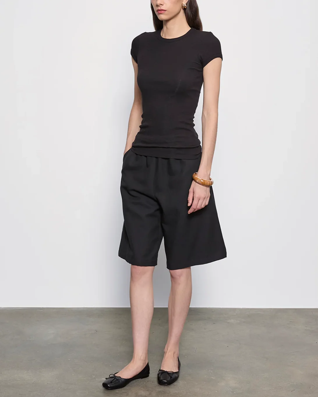 Textured Rib Cap Sleeve Crew | Black - Image 2
